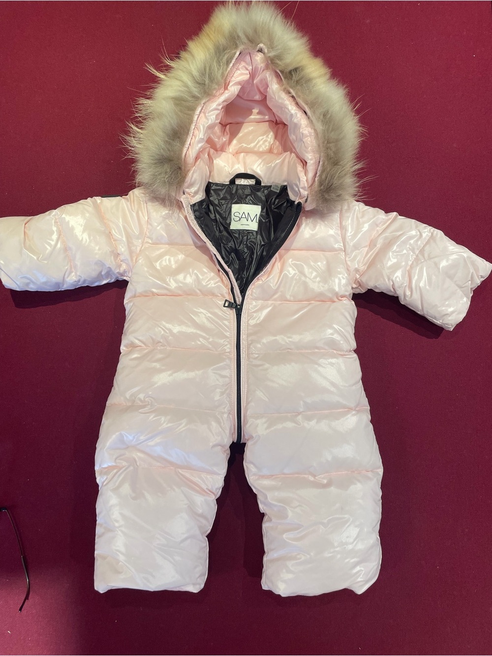 SAM. Light Pink Puffer Baby Snowsuit with Faux Fur Hood